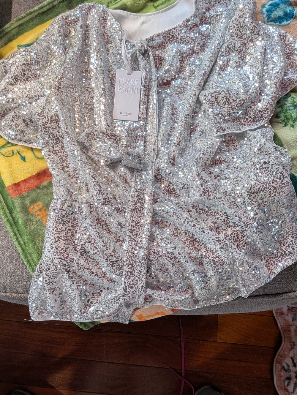 Grace Karin Silver Sequin Wrap Top